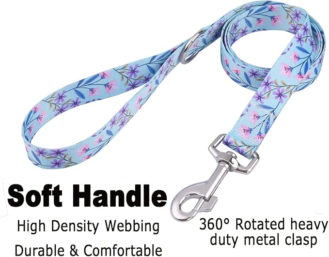 Mihqy Dog Collar and Leash Set with Bohemia Floral Tribal Geometric Patterns - Soft Ethnic Style Collar Adjustable for Small Medium Large Dogs(Pink + Purple Floral Set,L)