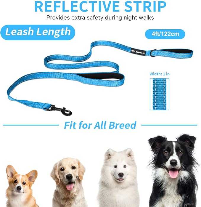 Reflective Dog Leash with Double Handle, Dog Leash 4 FT Long, Supports Medium and Large Dogs, Heavy Duty for Walking, Running, and Training, Blue