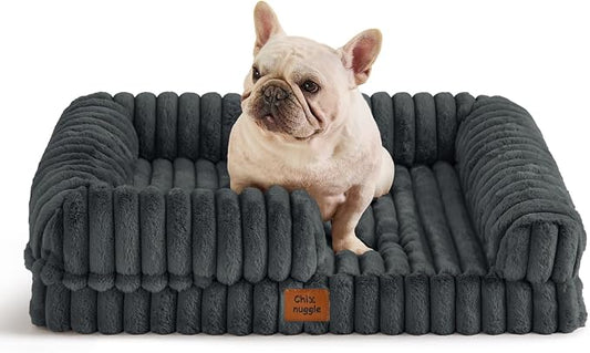 ChiXnuggle Rectangular Orthopedic Dog Bed for Medium Dogs, Waterproof Washable Faux Rabbit Fur Dog Couch with Egg Crate Foam Support, Bolster Pet Sofa with Non-Slip Bottom, 30x24x7, Dark Grey