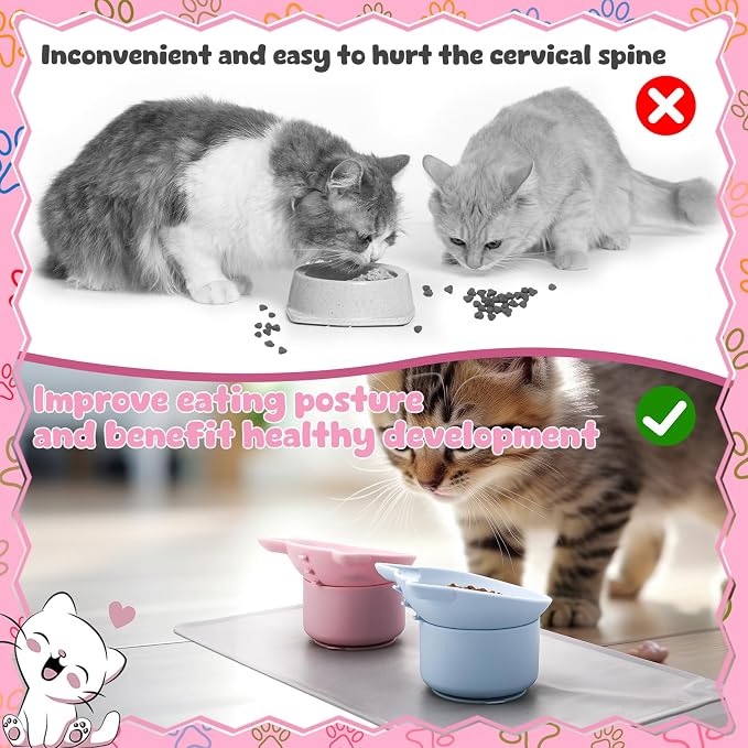 2 Pack Slow Feeder Cat Bowls Silicone Tilted Raised Pet Bowl with Non Slip Base for Digestion Anti Vomit, Pink, Blue
