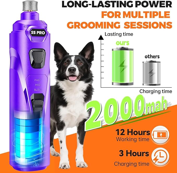 Whisper Quiet Dog Nail Grinder with 4 LED Lights, Safe & Stress-Free for Sensitive Dogs of All Breeds & Sizes, 3 Grinding Bits, 3-Speed, Pet Nail Trimmers, Rechargeable Painless Grooming Kit Purple
