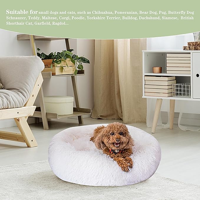Calming Dog Bed for Small Dogs Cats, Kitty Puppy 23'' Round Anti-Anxiety Warm Fluffy Plush Faux Fur Bed, Soft Anti-Slip Donut Washable Small Pet Bed, Cozy Cat Puppy Bed, Fits up to 30 lbs Pets