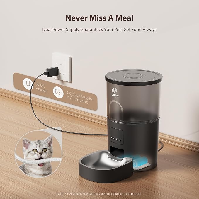 IMIPAW Automatic Cat Feeder, 5G WiFi Food Dispenser with APP Remote Control, Pet Dry Food Smart Feeder, Programmable Timed Feeding, Dual Power Supply, 1-10 Meals, Desiccant Bag, Stainless Steel Bowl