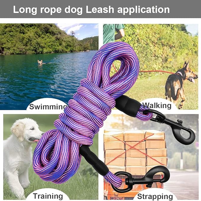 BTINESFUL 8ft 12ft 20ft 30ft 50ft 75ft Dog Tie Out Long Tether Rope Leash, Outdoor Yard Leash, Large Medium Dogs Lead for Training, Playing, Camping, Backyard (Pink Blue, 12 Foot)