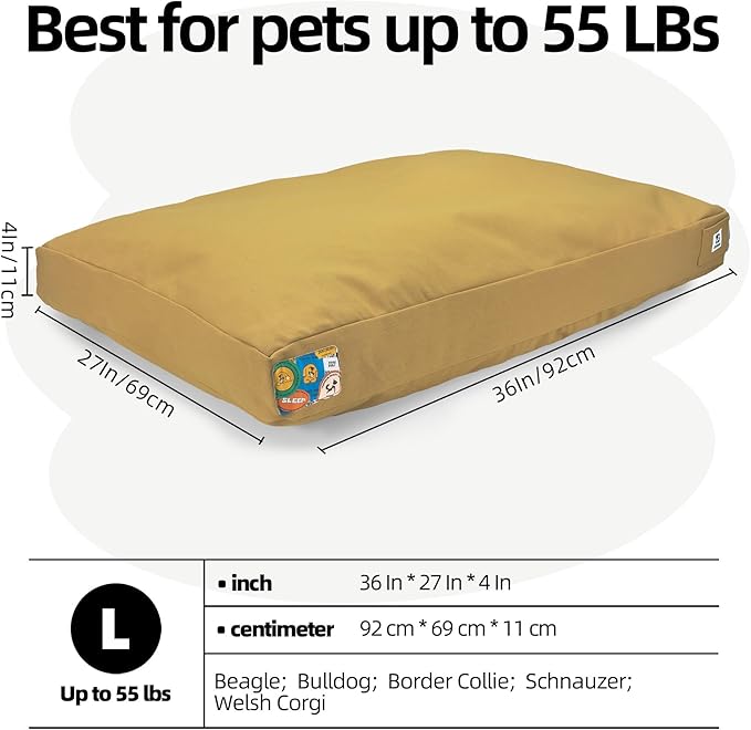 Sytopia 36 Inch Canvas Outdoor Dog Bed for Large Dogs, Durable Dog Bed with Waterproof Machine Washable Removable Cover, Indoor Patio Pet Pad for Crate, Yellow