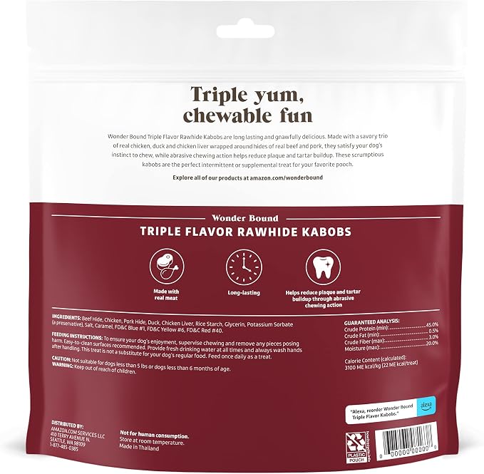 Amazon Brand - Wonder Bound Triple Flavor Rawhide Kabobs for Dogs, Variety, 1.5 Pound (Pack of 2)