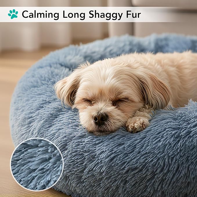 PetAmi Calming Dog Bed for Small & Medium Dogs, Cats & Puppy, Warming Round Donut Cuddler Bed, Anti-Anxiety Fluffy Shaggy Faux Fur Pet Bed, Machine Washable, Non-Slip Bottom, 30 Inch - Blue