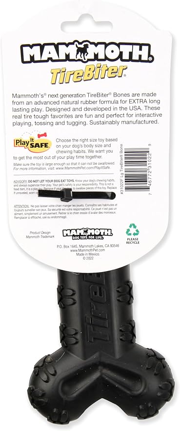 Mammoth TireBiterII Bone with Treat Station – Natural Rubber Dog Toys for Extreme Chewers – Dog Toys for Extra Long Interactive Play – Aggressive Chewer Toys for Dogs - Large 7.25