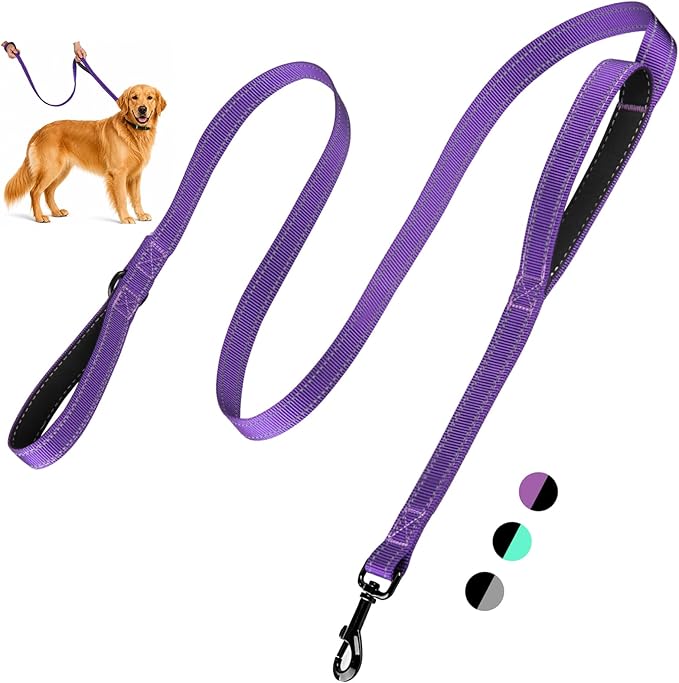2-Handle Dog Leash Heavy Duty Traffic Control & Night Safety Reflective Lead for Small Mid Large Dogs, Comfort Padded Grip Dog Leashes for Walking and Training(6 FT x 1" Wide Purple+Black)