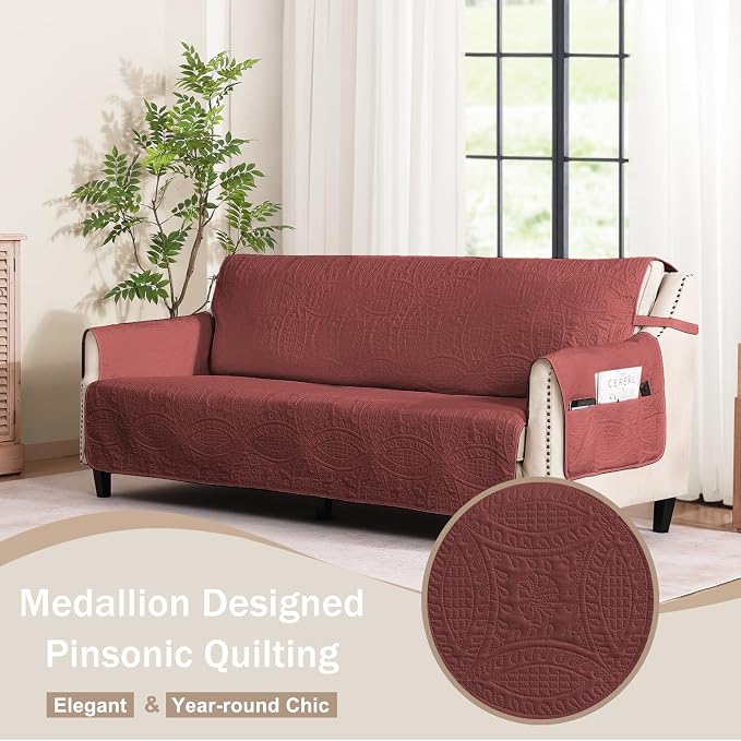 Quilted Grand Sofa Covers for 4 Cushion Couch, Couch Cover for Grand Sofa Washable, Soft Cozy Couch Protector, Oversized Grand Sofa Slipcovers Water-Repellent (Grand Sofa 98", Red)