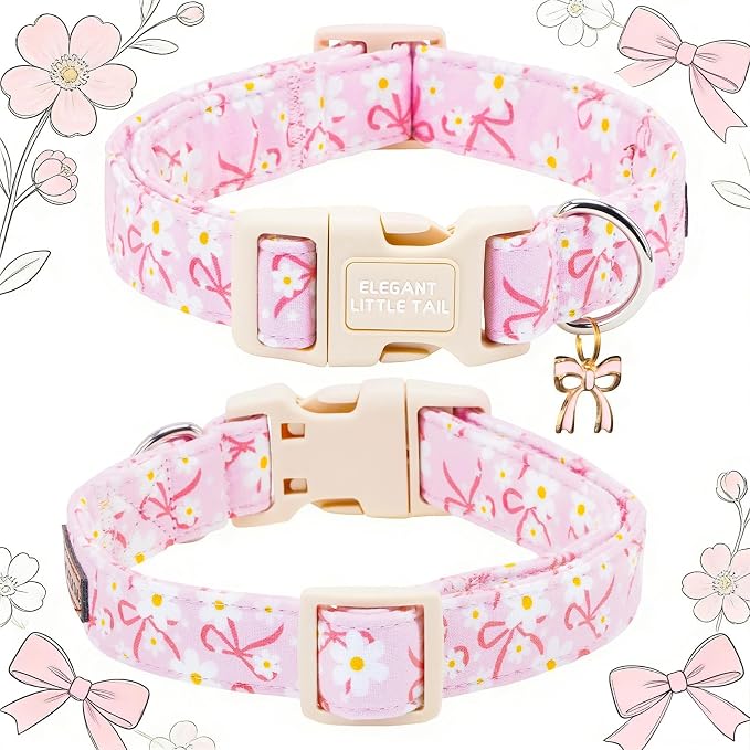 Elegant Little Tail Summer Dog Collar, Pink Sailor Bow Floral Pattern Soft Cotton Pet Collars with Sturdy Quick Release Female Adjustable Pet Collar for Small Medium Large Dogs