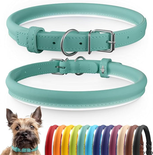 CollarDirect Reflective Rolled Leather Dog Collar, Soft Padded Round Puppy Collar, Handmade Genuine Leather Collar Dog Small Large Cat Collars 13 Colors (8-11 Inch, Mint Green Reflective)