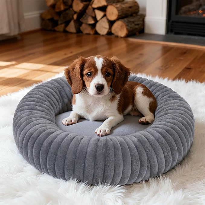 Calming Dog Bed Anti-Anxiety Donut Dog Beds for Small Medium Large Dogs,Washable Plush Fluffy Indoor Cat Kitten Round Cuddler Cushion (Deep Grey, Small)