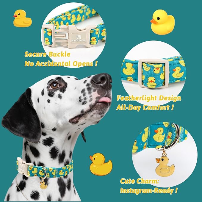 Maca Bates Cute Dog Collar with Rubber Duck Charm for Large Girl Boy Dogs, Green Yellow Ducks Pattern,Adjustable Durable Soft Collars for Male Female Puppy