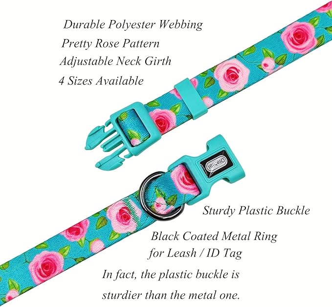 Dog Collar and Leash Set, Rose Pattern, Polyester Material, 5ft Matching Leash, for Large Dogs.(L, Green Rose Set)
