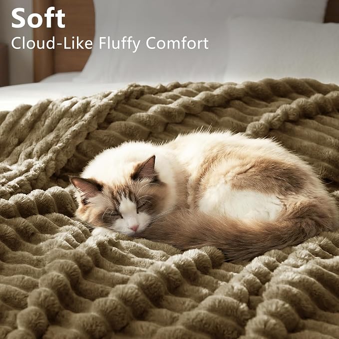 HIMEET Fleece Camel Full Size Blanket for Bed - 300GSM Ribbed Soft Cozy Bedding Blanket, New Home Birthday Gifts for Women Girls Her, College Dorm Essentials Aesthetic Room Decor Throws, 84x90 Inches