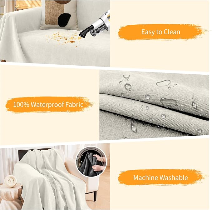 Deep Dream Cat-Scratch Resistant Couch Cover, Waterproof Sofa Cover for 3 Cushion Couch Washable, Pet Friendly Couch Protectors Anti Slip Thickened Sofa Slipcovers for Dogs Pets, 71" x 150", White