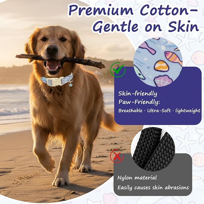 Cute Ocean Themed Dog Collar, Cotton Adjustable Pet Collar with Seashell Charm, Dolphin & Fish Print for Small Medium Large Dogs, Summer Beach Puppy Collar for Girl & Boy Dogs-XS