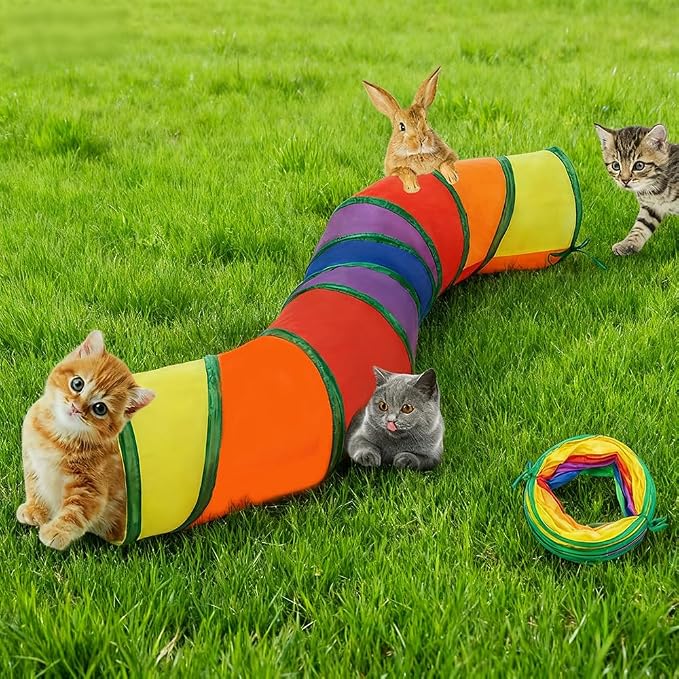 2-Way Collapsible Cat Tunnel Tube Toy Rainbow — Interactive Play Tunnel with Peek Hole for Indoor Cats, Kittens, Puppies & Rabbits | Hours of Fun & Exercise