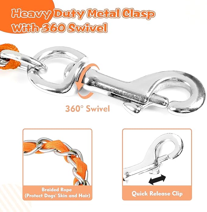 Heavy Duty Metal Dog Chain Leash with Comfortable PU Leather Padded Handle, Chew Proof for Medium Large Pooch Walking Training (6FT 3.0mm Orange)