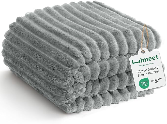 HIMEET Fleece Grey Throw Blanket for Bed - 300GSM Ribbed Soft Cozy Blanket for Couch, Graduation Birthday Gifts for Women Men Her, College Dorm Essentials Minimalist Room Throws, 50x60 Inches