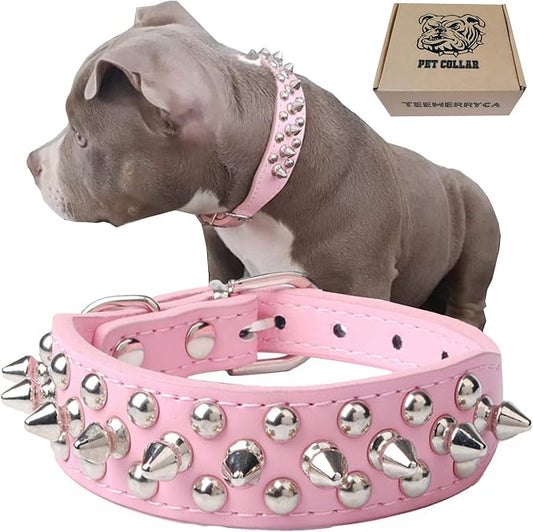 TEEMERRYCA Adjustable Leather Spiked Studded Dog Collars with a Squeak Ball Gift for Small Medium Large Pets Like Cats/Pit Bull/Bulldog/Pugs/Husky, Pink, L(15"-18.5")