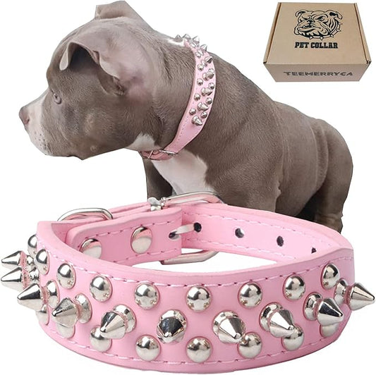 TEEMERRYCA Adjustable Leather Spiked Studded Dog Collars with a Squeak Ball Gift for Small Medium Large Pets Like Cats/Pit Bull/Bulldog/Pugs/Husky, Pink, M(12"-15")
