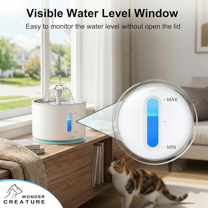 Wonder Creature Cat Water Fountain with 4 Filters & 4 Sponges, 2.4L/81oz for Multiple Cats, Stainless Steel Lid Automatic Pet Fountain with Ultra Quiet Pump, LED Light & Water Level Window