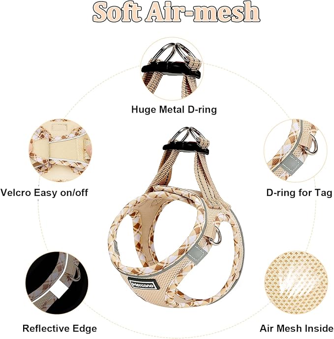 Mercano Soft Mesh Dog Harness and Leash Set, Step-in Reflective Breathable Lightweight Vest Harnesses with Safety Buckle for Small Dogs, Cats (Beige, XL)