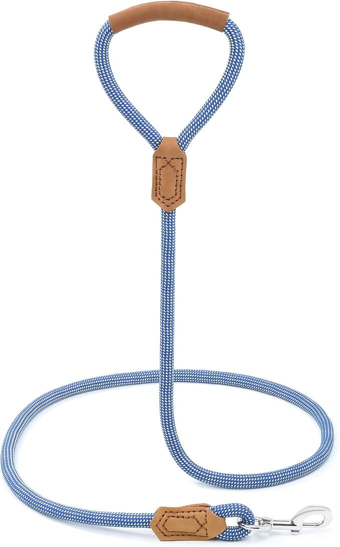 Mile High Life | Premium Leather Dog Leash | Strong Rope Leash | Leather Handle | Zinc Alloy Strong Clasp | Small Medium Large Dogs | 4/5/6 Feet(Blue White, 48 Inch (Pack of 1))