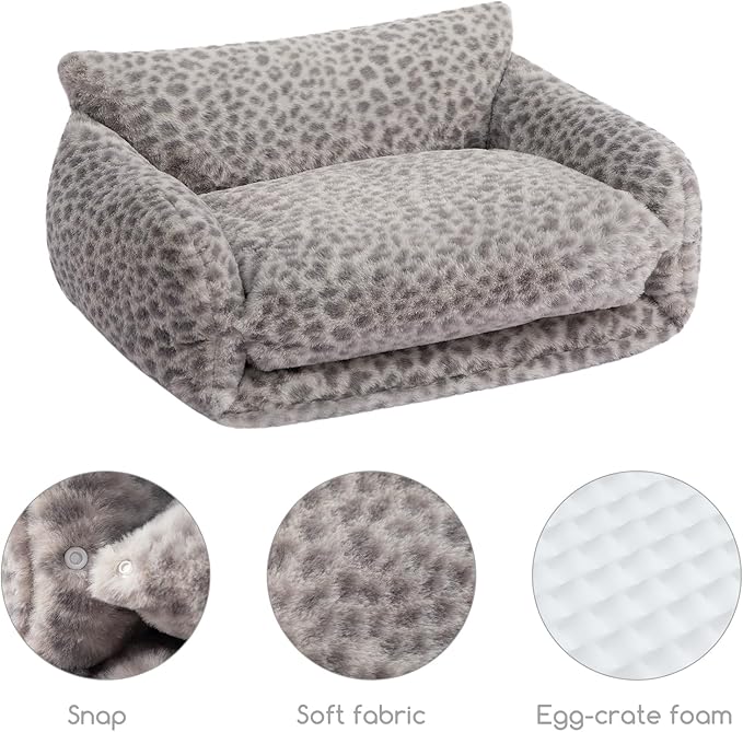 Hollypet Cat Bed Fluffy Plush Multifunctional Double-Layer Machine Washable Soft Warming Kitty Pet Couch Orthopedic Nest Beds for Small Cats Kitten and Dogs up to 13lbs, Snow Leopard(21x15x8 inch)