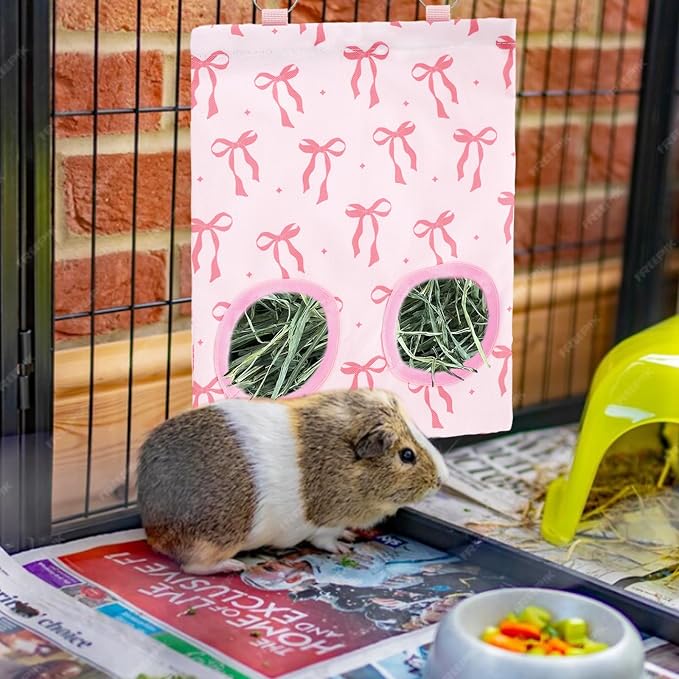 JarThenaAMCS 2Pcs Rabbit Hay Feeder Bag with 2 Holes Pink Bow Guinea Pig Hanging Hay Feeding Bag Storage Dispenser for Chinchilla Hamster Bunny Small Animal Pet
