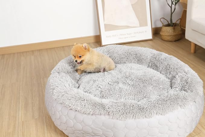 HACHIKITTY Dog Donut Round Calming Bed, Fluffy Dog Bed for Medium Large Dogs, Cooling Warming Soft Dog Cushion Bed, Double Sided Available Dog Bed with Warm & Cool Sides(30"x30"x9", Grey)