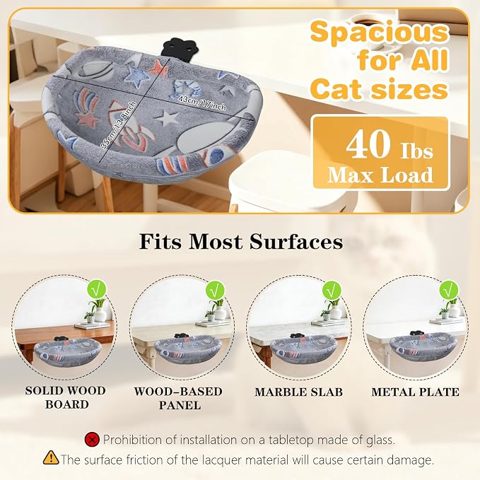 Cat Desk Bed with Clamp, Glow in The Dark Cat Desk Hammock | Desk Perch with Removable Washable Cover, Sturdy Metal Frame, Supports up to 50 Lbs