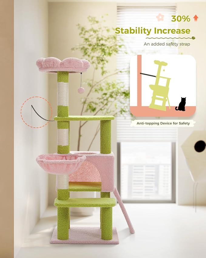 MUTTROS Flower Cat Tree 47.2" Multi-Level Cat Tower with Sisal Covered Scratching Posts, Cute Cat Condo for Indoor Small Medium Cats, Pink Top Perch, Fluffy Ball, Pink