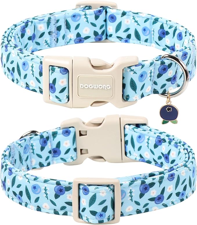 DOGWONG Blueberry Pattern Dog Collar, Cute Light Blue Spring Summer Puppy Collar - Soft Adjustable Dog Collars for Small Medium Large Dogs, Neck 42-66 inches