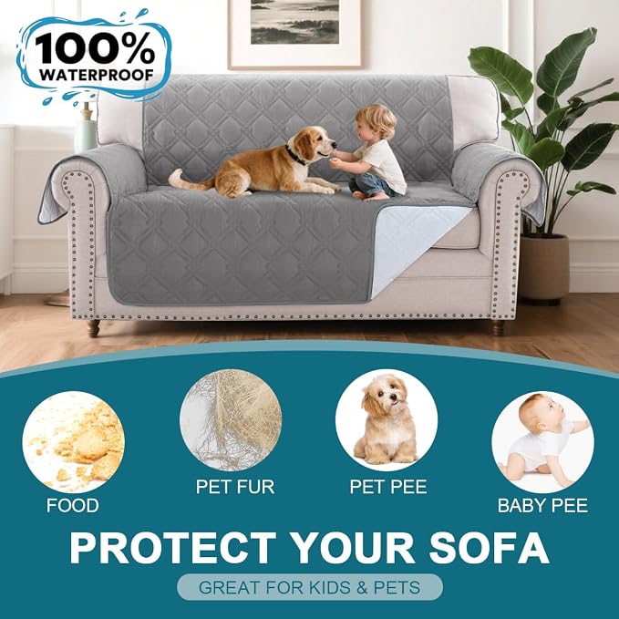 Turquoize 100% Waterproof Couch Cover Sofa Covers for 2 Cushion Couch Loveseat Covers Triple Non-Slip Washable Furniture Protector Cover for Pets, Kids, Dog (Loveseat 54", Light Gray)