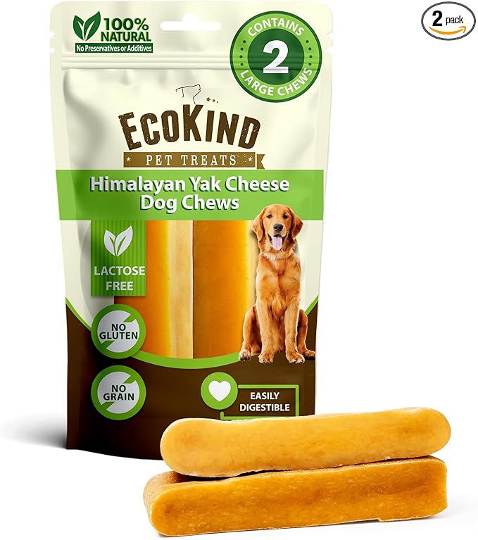 EcoKind Yak Cheese Himalayan Dog Chews, Yak Chews for Large Dogs, Long Lasting Bone for Aggressive Chewers, Only 3 Ingredients, Natural High Protein Treats, No Additives, Lactose Free, Large - 2 Chews