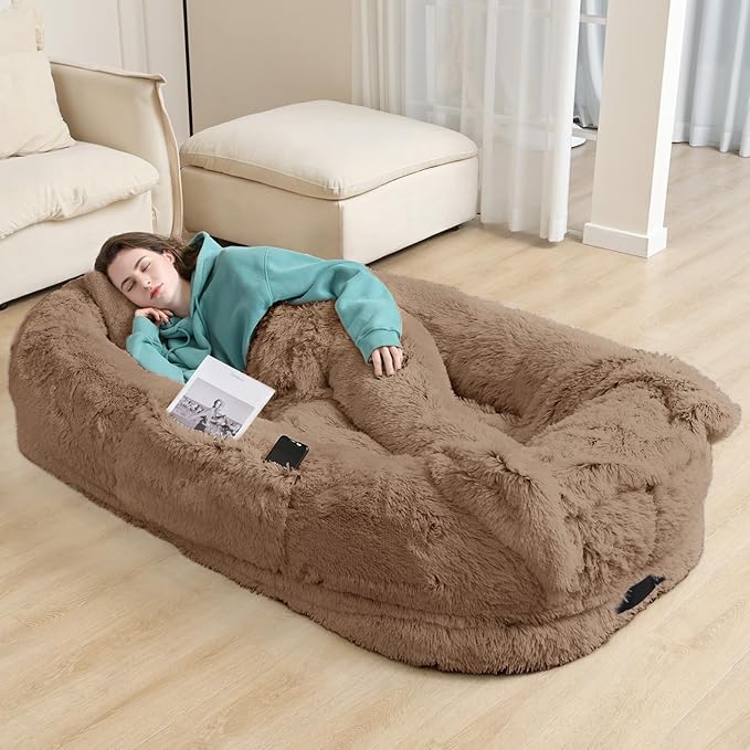 YAEM Human Dog Bed for Adult and Pets - 71"x45"x12" Dogs Beds for Humans with Washable Faux Fur Cover, Plump Pillow, Blanket, Orthopedic Design, Strap-Khaki