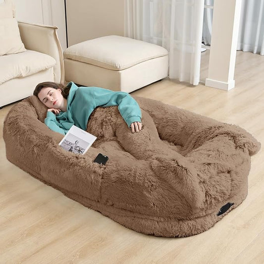 YAEM Human Dog Bed for Adult and Pets - 71"x45"x12" Dogs Beds for Humans with Washable Faux Fur Cover, Plump Pillow, Blanket, Orthopedic Design, Strap-Khaki