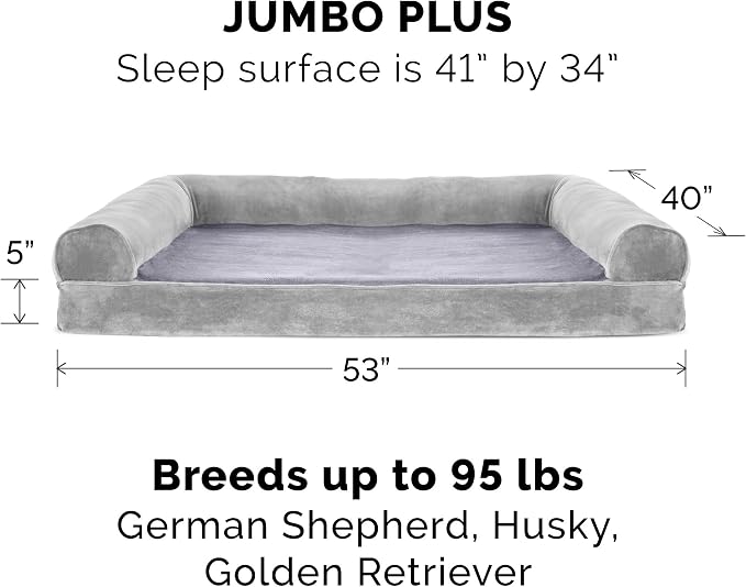 Furhaven Memory Foam Dog Bed for Large Dogs w/ Removable Bolsters & Washable Cover, For Dogs Up to 125 lbs - Faux Fur & Velvet Sofa - Smoke Gray, Jumbo Plus/XXL