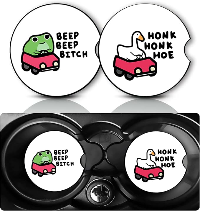 2Pack Sarcastic Goose Frog Car Cup Holder Coaster,Humorous Frog Gifts for Women Men,Vehicle Interior Drink Mat Reusable Neoprene Car Coasters for Cup Holders Decor,Automotive Interior Accessories