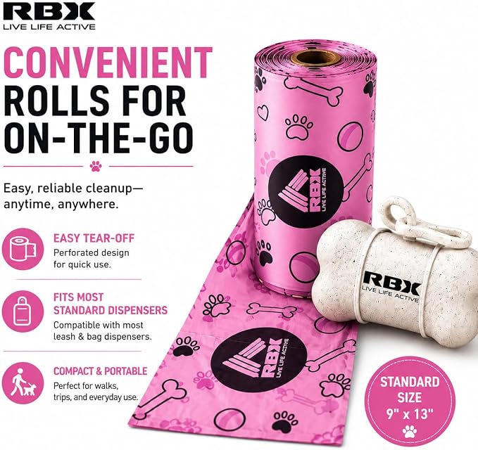 RBX Dog Poop Bags with Leash Holder, 320 Bags, 16 Refill Rolls | Clip-On Dispenser, Durable Leak-Proof, Recyclable Material