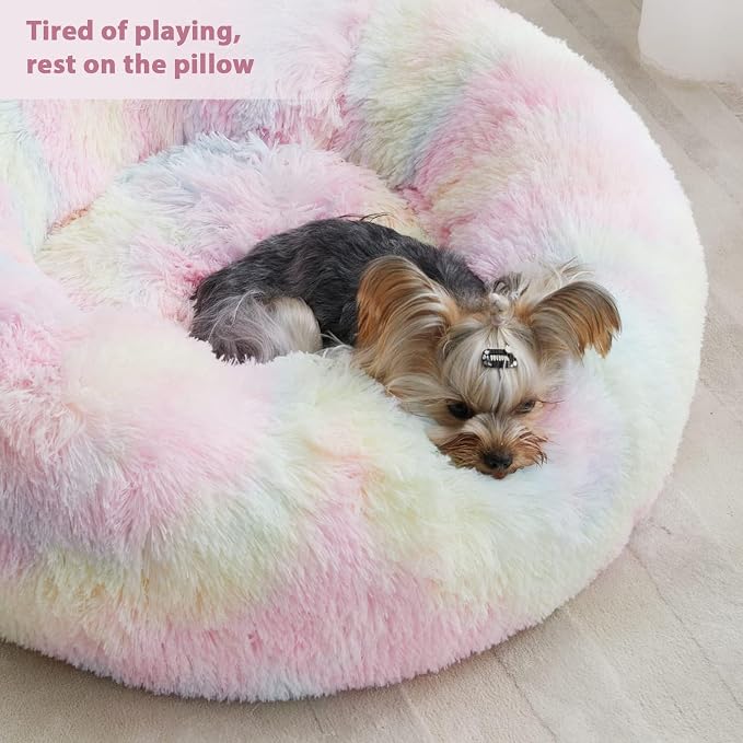 WNPETHOME Donut Dog Beds Large Sized Dog,Anti-Anxiety Caming Large Pet Bed,Fluffy Faux Fur Plush Puppy Bed，Warming Cozy Soft Round Bed for Pet, Cat Cuddler Cushion
