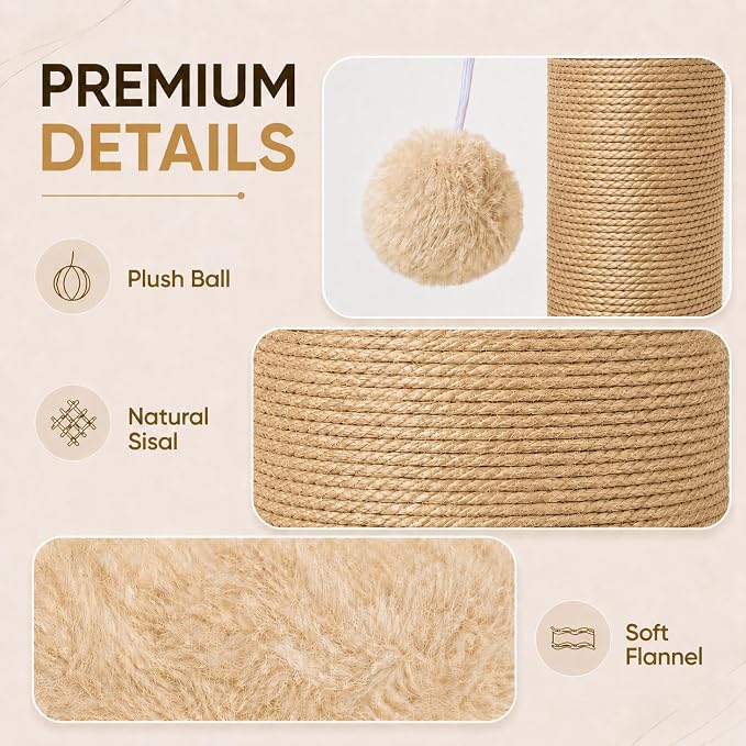 PAWSCRAT Cat Scratching Post 32 Inch High, 5.5 Inch Large Diameter Natural Sisal Cat Scratch Post, Scratch-Resistant and Durable Tall Cat Scratcher for Indoor Cats, Protect Your Furniture, Yellow
