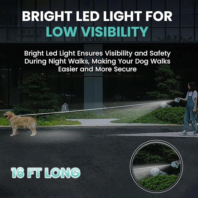 Retractable Dog Fancy Leash with Flashlight and Dispenser, 16 ft Dog Retractable Leash is Perfect for Safe and Comfortable Walking with Your Pet - Suitable for Dogs - Green