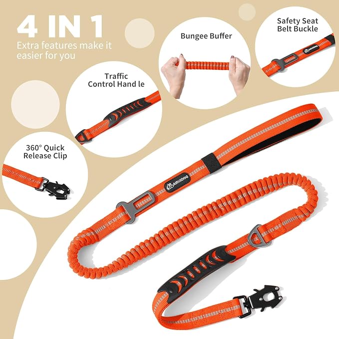 Heavy Duty Tactical Dog Leash, 4-6FT Shock Absorbing Bungee Lead with 2 Padded Handles, Metal Carabiner & Seatbelt Clip, Reflective No-Pull Leash for Medium/Large Dogs (Orange)