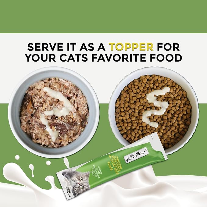 Fussie Cat Super Premium Chicken with Duck in Goat Milk Puree, lickable cat Treats, 0.5oz Pouch Pack of 4
