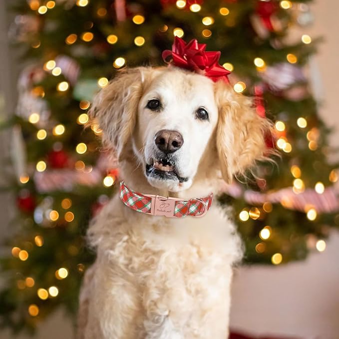 Christmas Dog Collar for Medium Dogs - Christmas Red Green Plaid Dog Collars, Adjustable Heavy Duty Pet Winter Holiday Collar with Metal Buckle M