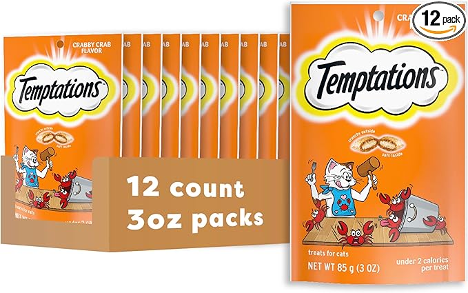 Temptations Cat Treats, Classic Crunchy and Soft Cat Treats, Crabby Crab Flavor, 3 oz. Pouches (Pack of 12)